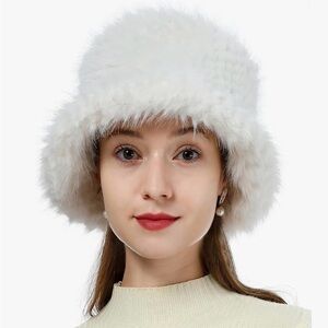 White Faux Fur Bucket Hat